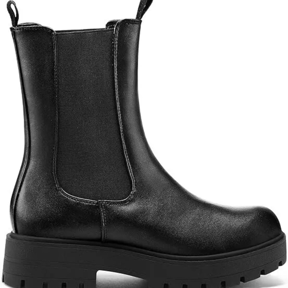 COPY - - mysoft women's Chelsea Combat Boots Mid Calf Platform Chunky Heel black